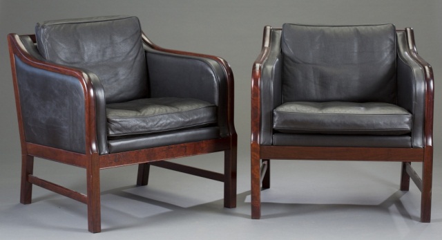 Appraisal: Pair of Danish Rosewood and Leather Arm Chairs Black leather