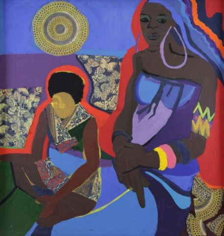 Appraisal: MCCANNON Dindga Acrylic Collage on Canvas Two Woman in Interior