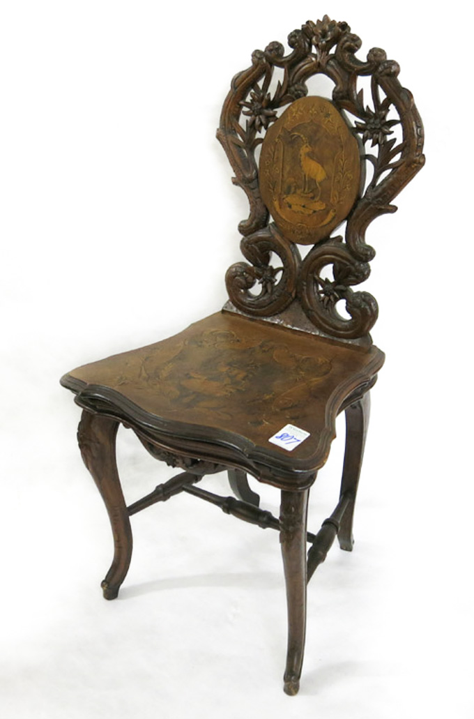 Appraisal: CARVED AND INLAID BLACK FOREST MUSIC BOX CHAIR Swiss late