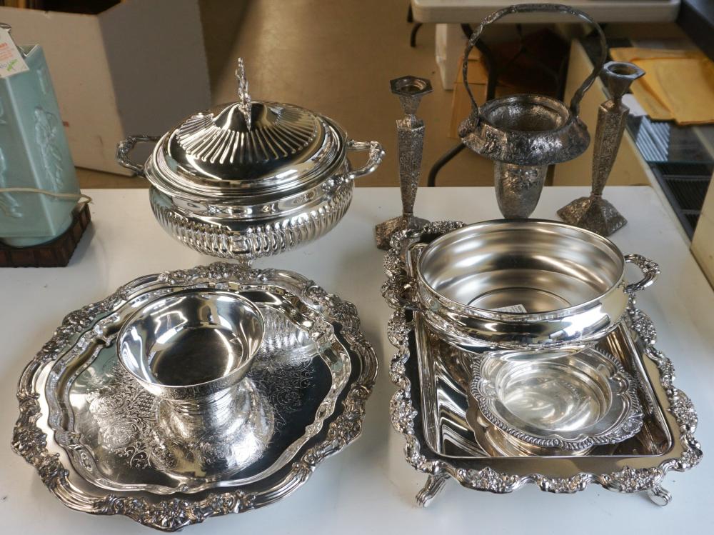 Appraisal: COLLECTION OF SILVERPLATE TRAYS VEGETABLE DISHES CANDLESTICKS AND OTHER TABLE