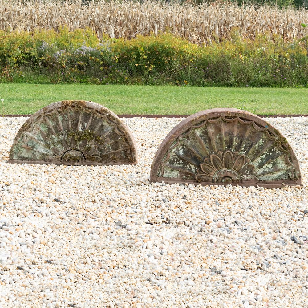 Appraisal: Pair of English Carved Red Sandstone Demi-Lune Garden Roundels x