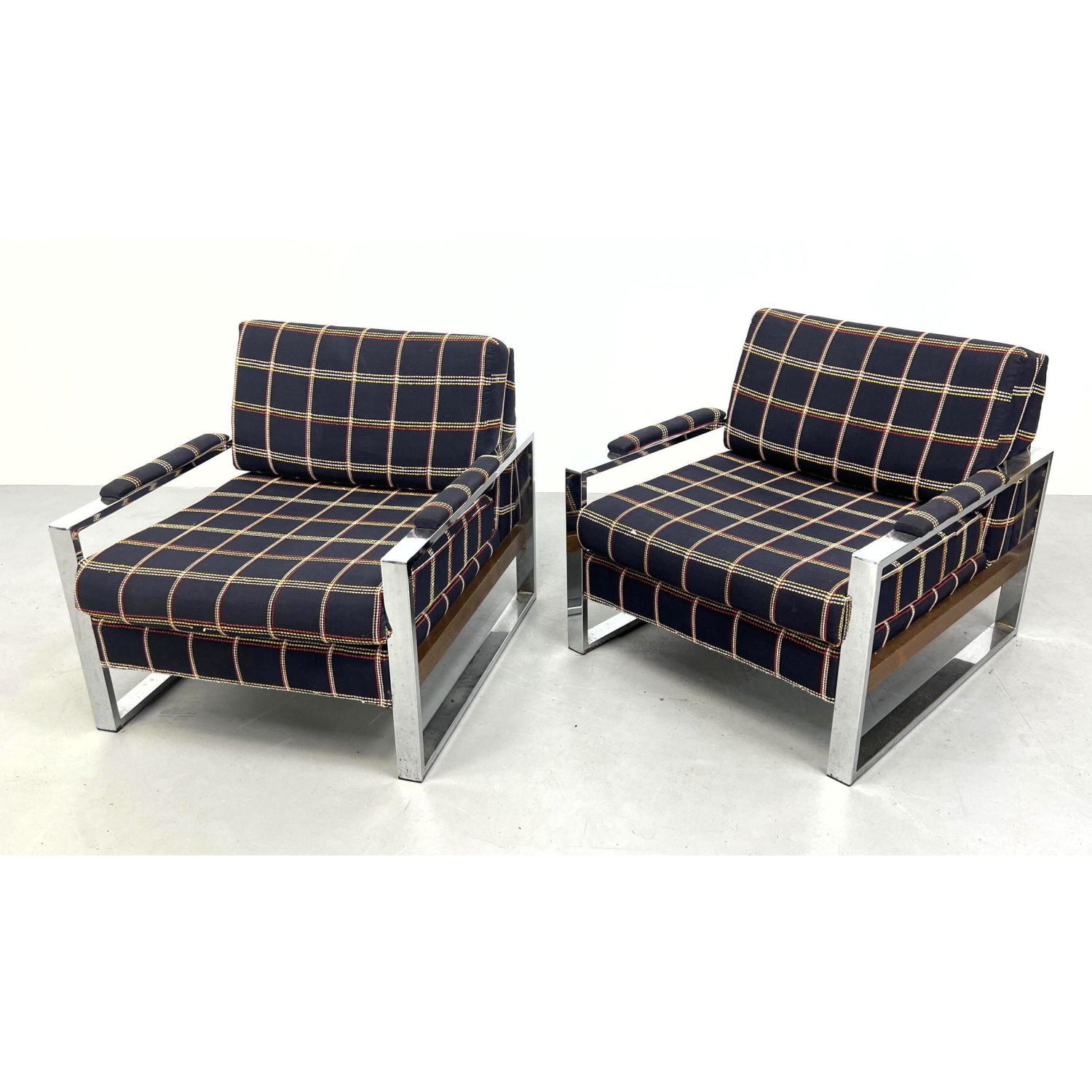 Appraisal: Pr MILO BAUGHMAN style Chrome Frame Lounge Chairs Wood skirt