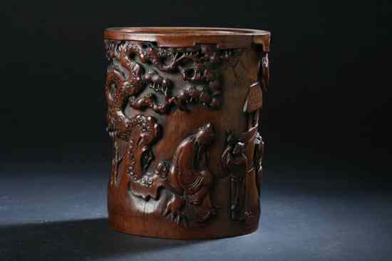 Appraisal: CHINESE BAMBOO BRUSH HOLDER Carved with scholar under pine tree