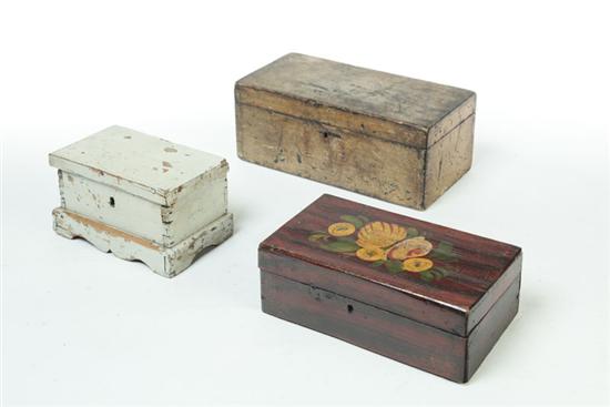 Appraisal: THREE DECORATED WOODEN BOXES American late th century Pine and