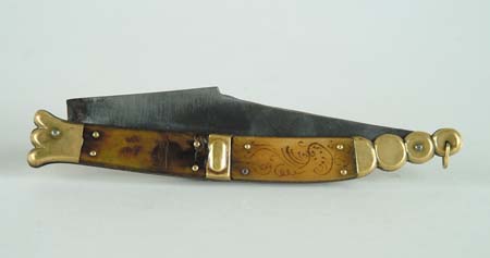 Appraisal: BRASS AND HORN FOLDING KNIFE steel blade signed Batisse Decorative