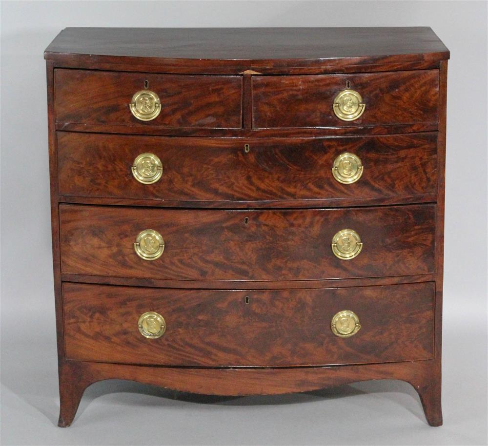 Appraisal: GEORGE III MAHOGANY BOWFRONT CHEST OF DRAWERS circa fitted with