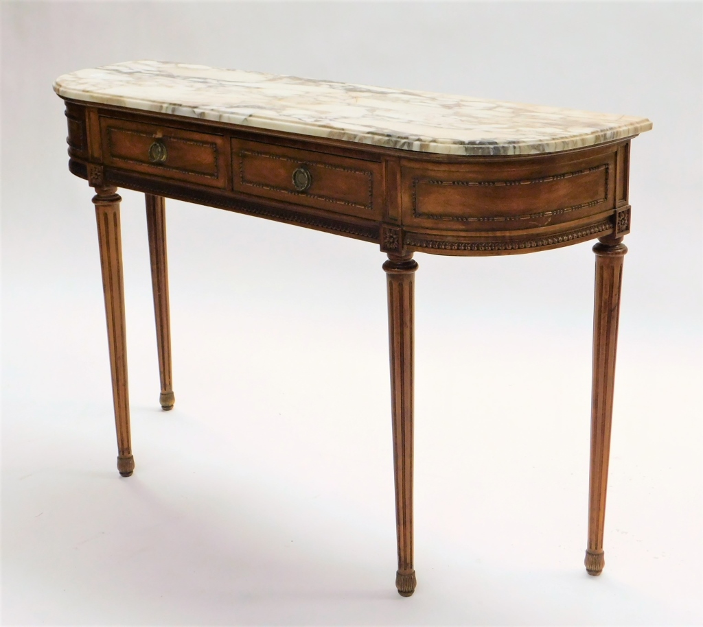 Appraisal: LOUIS XVI STYLE MARBLE TOP DEMILUNE CONSOLE TABLE FranceCirca Marble