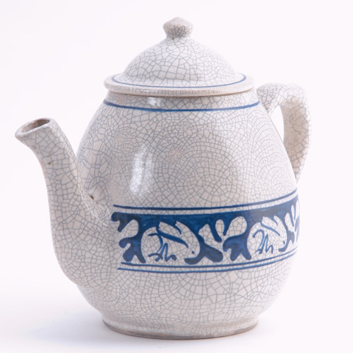 Appraisal: DEDHAM Crackleware coffee pot in the Clockwise Rabbit pattern Cobalt