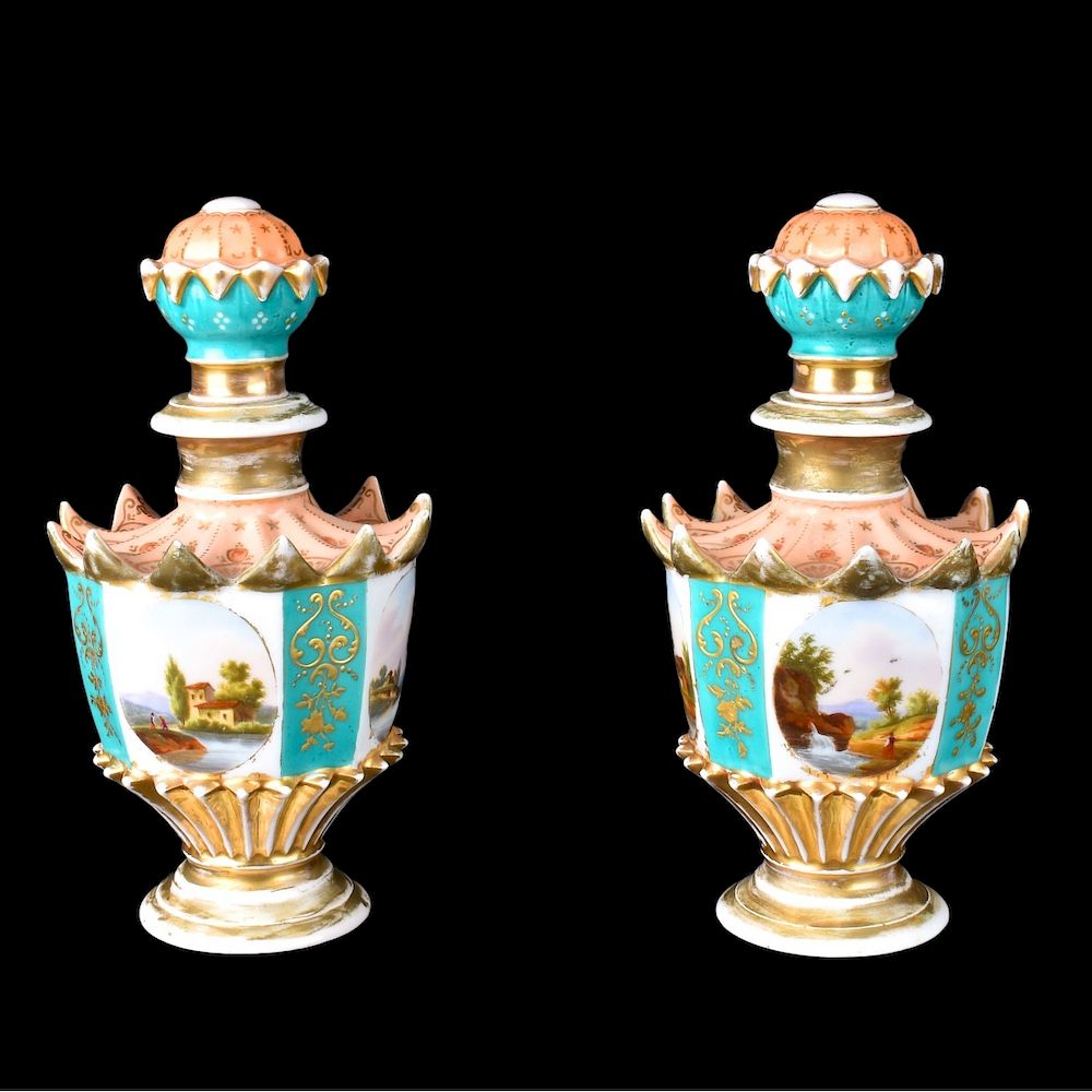 Appraisal: Pair Antique Porcelain Bottles Pair antique hand painted porcelain decorative