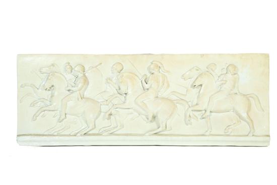 Appraisal: CLASSICAL STYLE PLAQUE Cast plaster Greek temple-style frieze with horsemen