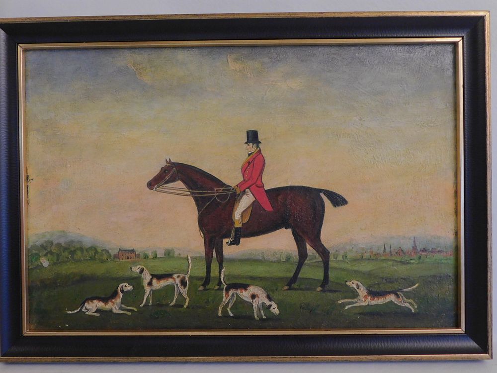 Appraisal: ENGLISH PAINTING MAN HORSE DOGS Old oil painting on board