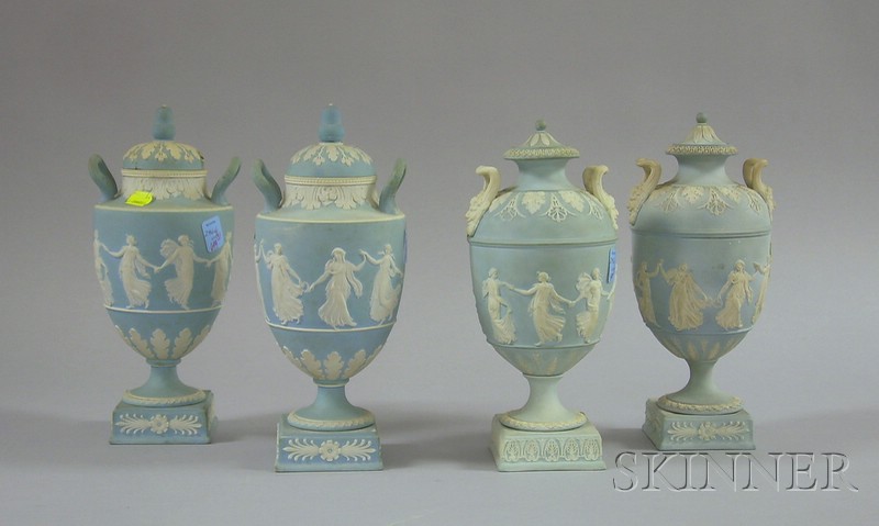 Appraisal: Two Pairs of Wedgwood Light Blue Jasper Vases with Covers