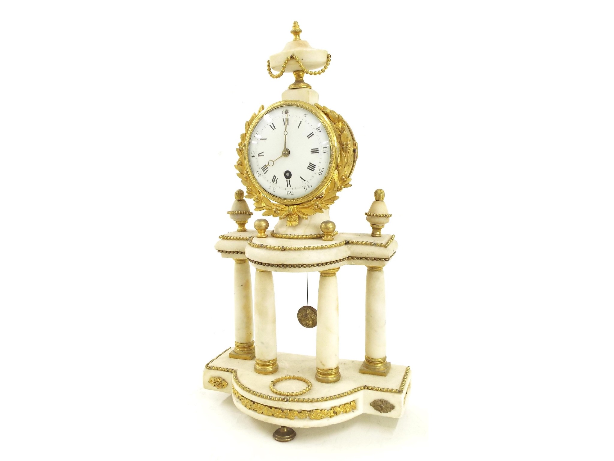 Appraisal: French ormolu and white marble drumhead mantel clock timepiece the