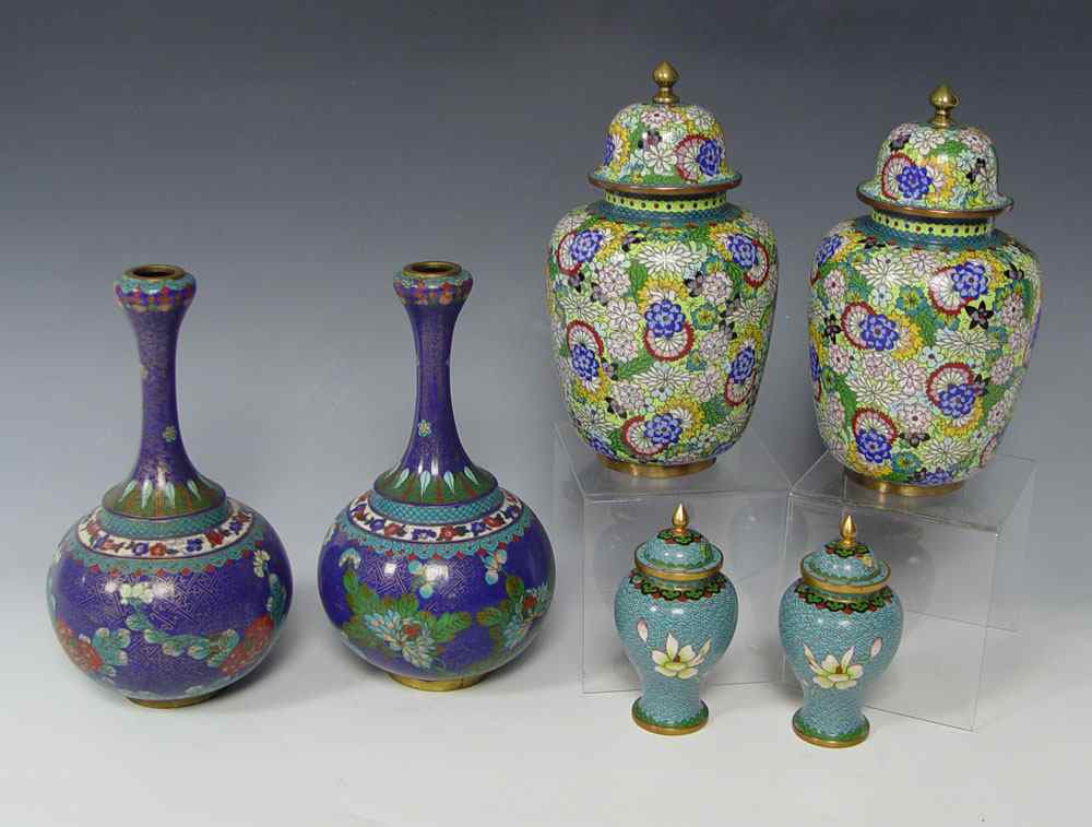 Appraisal: PAIRS CHINESE CLOISONNE VASES AND JARS Pair of blue ground