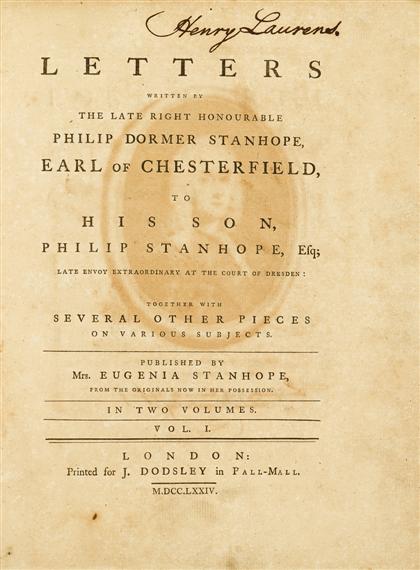 Appraisal: vols Henry Laurens Chesterfield Philip Dormer Stanhope th Earl of