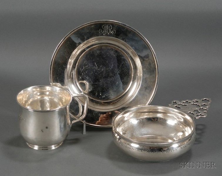 Appraisal: Arthur Stone Mug Porringer and Plate Sterling silver Gardner Massachusetts