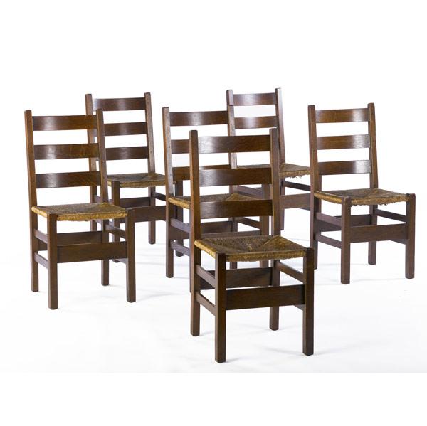 Appraisal: GUSTAV STICKLEY Set of six ladderback dining chairs no with