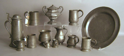 Appraisal: Thirteen pewter table articles to include Yates measure Dixon covered