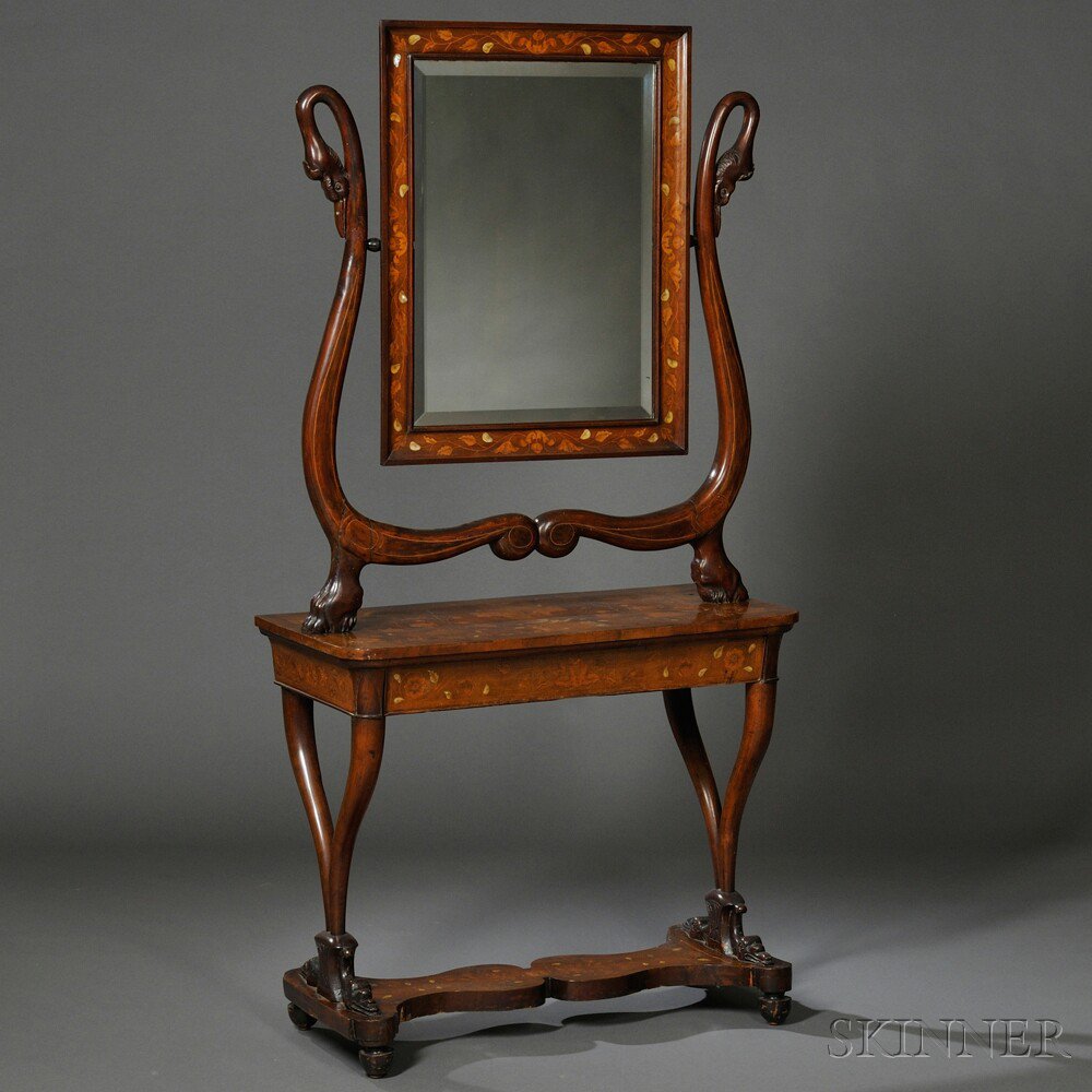 Appraisal: Italian Neoclassical Inlaid Walnut Dressing Table and Mirror mid- th