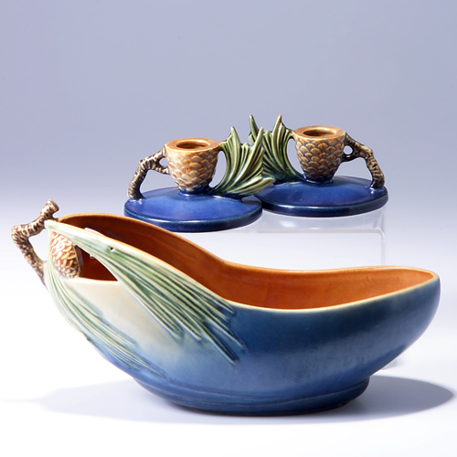 Appraisal: Three ROSEVILLE Blue Pine Cone pieces to include a bowl