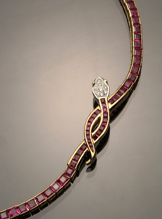 Appraisal: -Karat Yellow-Gold White-Gold Ruby and Diamond 'Serpent' Flexible Bracelet The