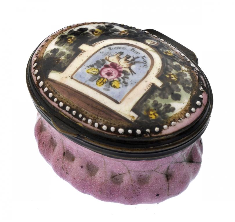 Appraisal: A SOUTH STAFFORDSHIRE ENAMEL PATCH BOX the oval lid painted