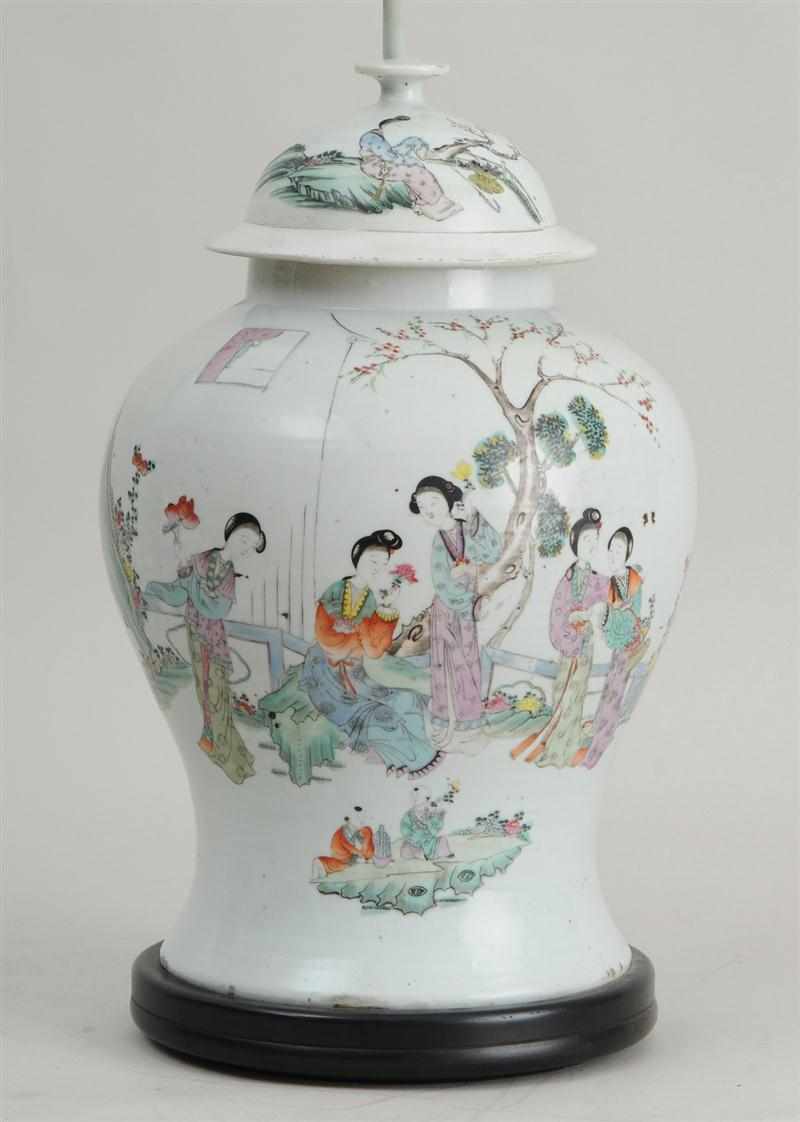 Appraisal: CHINESE EXPORT FAMILLE ROSE PORCELAIN BALUSTER-FORM JAR AND COVER MOUNTED