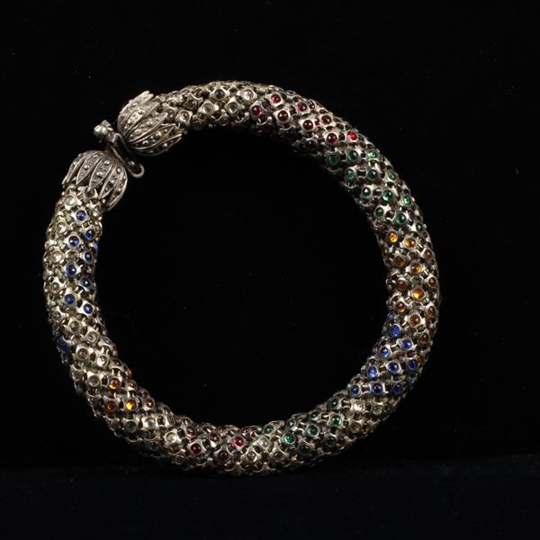 Appraisal: French Art Deco Jewel Encrusted Thick Silver Mesh Snake Bracelet