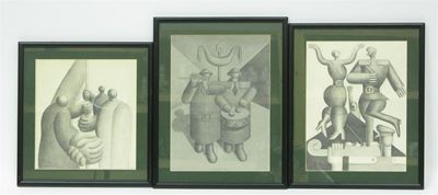 Appraisal: Three pencil drawings by Hans Ticha framed and a collage