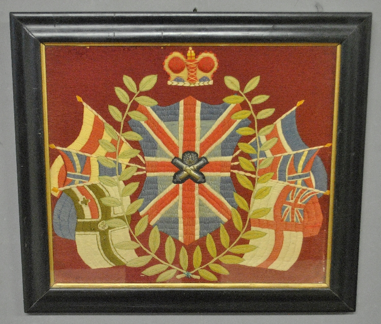 Appraisal: - Framed English sailor s woolie with flags and crossed