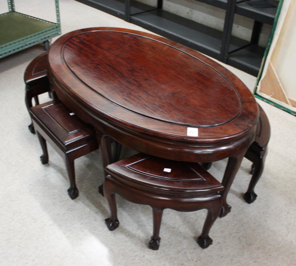 Appraisal: SEVEN-PIECE CHINESE ROSEWOOD CHOW TABLE AND STOOL SET oval low