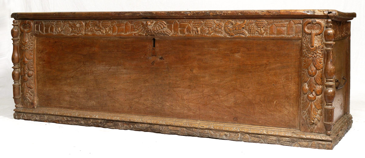 Appraisal: EARLY EUROPEAN CARVED CASSONE Top with breadboard ends Sides and