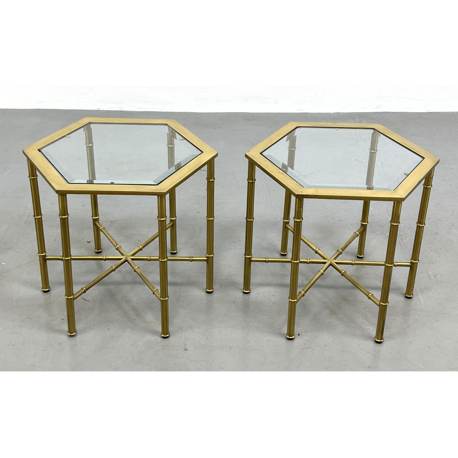 Appraisal: Pair Mastercraft style Metal Faux Bamboo Hexagonal Tables Beveled Glass