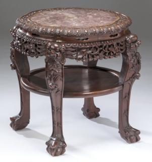 Appraisal: Chinese carved hardwood marble top side table Chinese carved hardwood