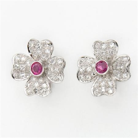 Appraisal: Pair of Diamond and Ruby Flower Cufflinks Estimate -