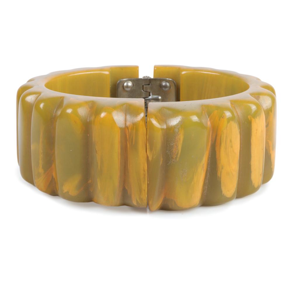 Appraisal: BAKELITE MARBLED LIGHT GREEN CLAMPER BRACELET WITH RIDGED DESIGN INNER