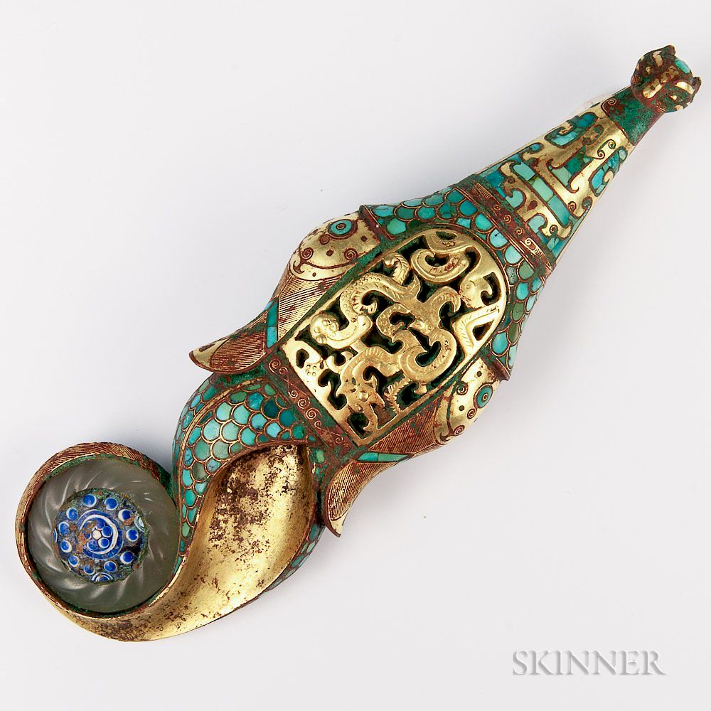 Appraisal: Turquoise-inlaid Gilt-bronze Tin Dragon Belt Hook Turquoise-inlaid Gilt-bronze Tin Dragon