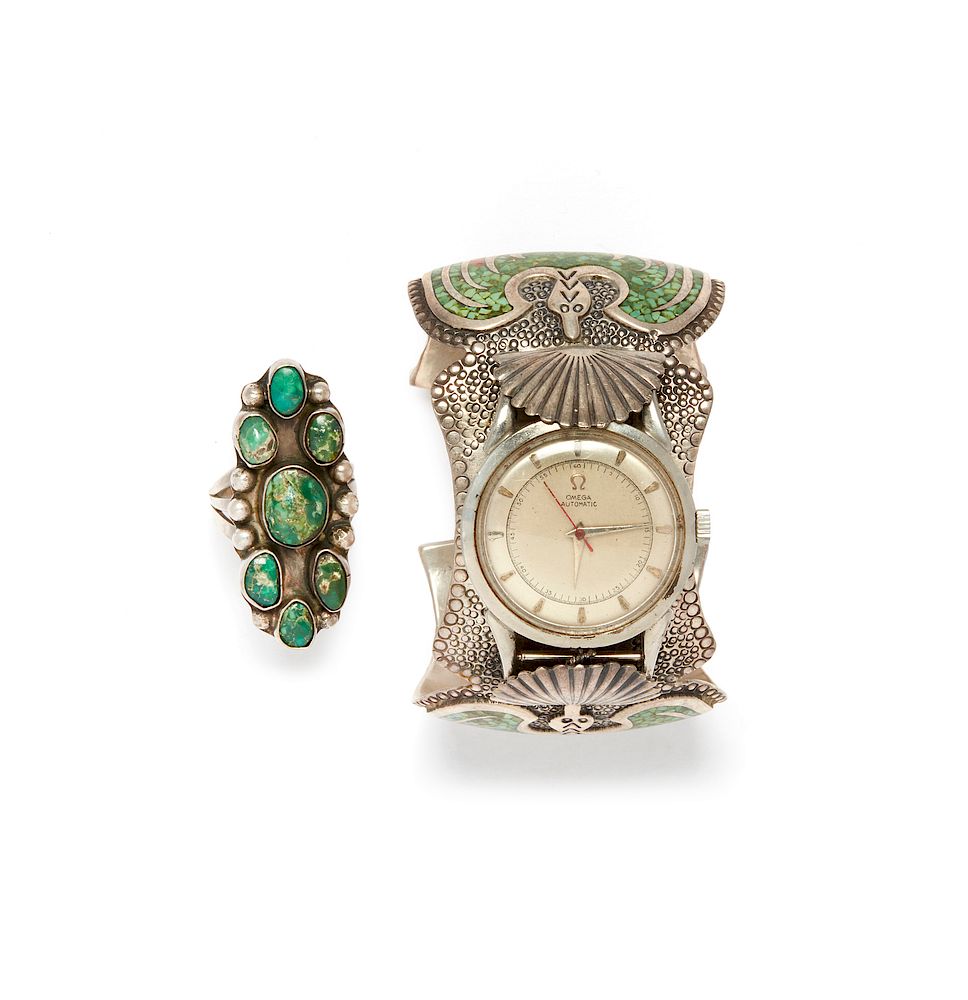 Appraisal: Charlie Singer Watch Band and Ring Silver and turquoise ring