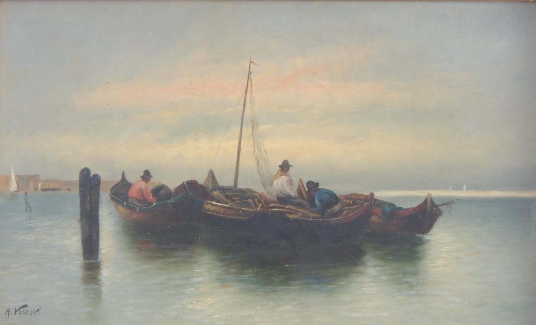 Appraisal: A Vescovi thC Fishing smacks in coastal landscape oil on