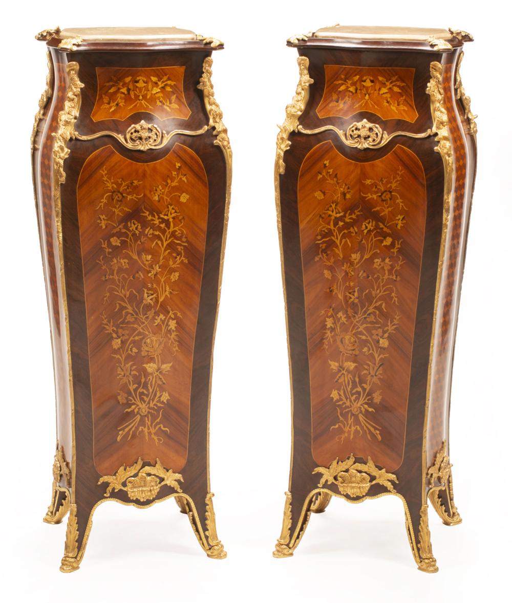 Appraisal: Pair of Louis XV-Style Bronze-Mounted Kingwood and Marquetry Bombe Pedestals