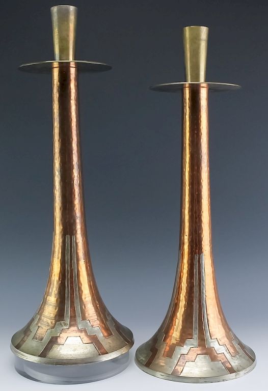 Appraisal: PAIR Antique Arts Crafts Copper Candlesticks Pair of Arts and