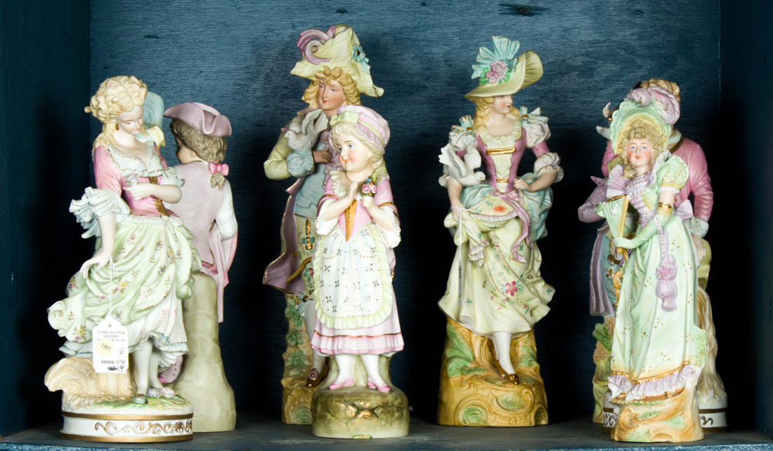 Appraisal: LOT OF TWO PAIRS OF GERMAN BISQUE PORCELAIN FIGURES lot