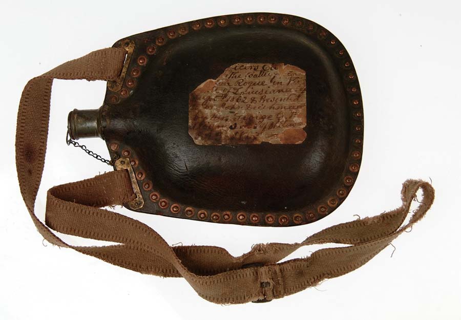 Appraisal: EXTREMELY RARE DOCUMENTED CONFEDERATE CIVIL WAR LEATHER RIVETED CANTEEN An