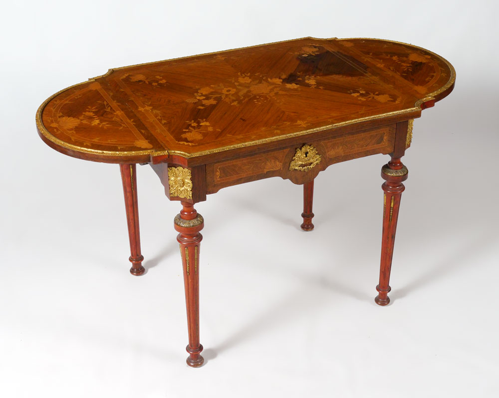 Appraisal: LOUIS XVI STYLE MARQUETRY DROP LEAF TABLE Floral marquetry inlaid