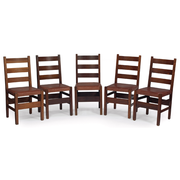 Appraisal: Gustav Stickley dining chairs assembled set of five ladder-back form