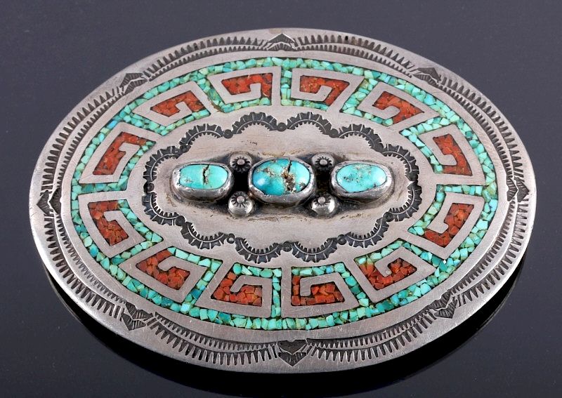 Appraisal: Navajo Sterling Silver Coral Turquoise Belt Buckle This is a