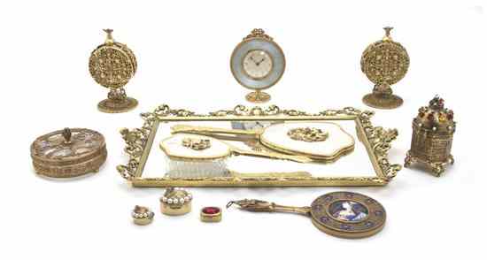 Appraisal: An Assembled Gilt Metal and Enameled Dressing Set comprising a