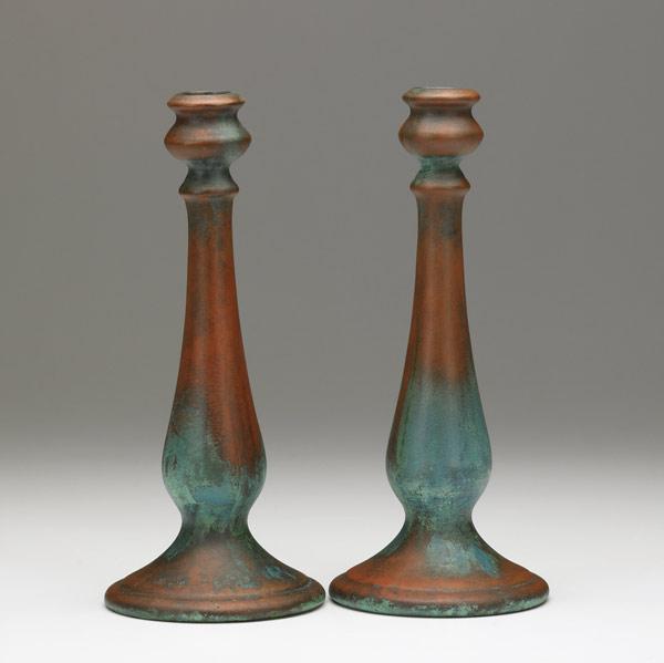 Appraisal: CLEWELL Rare pair of copper clad candlesticks with fine verdigris