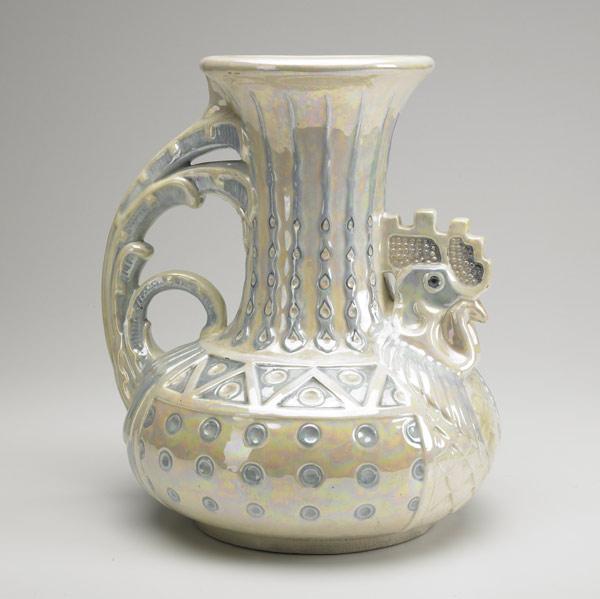 Appraisal: PORTUGESE Rooster shaped water-pitcher with pearlized iridescent glaze Restored handle