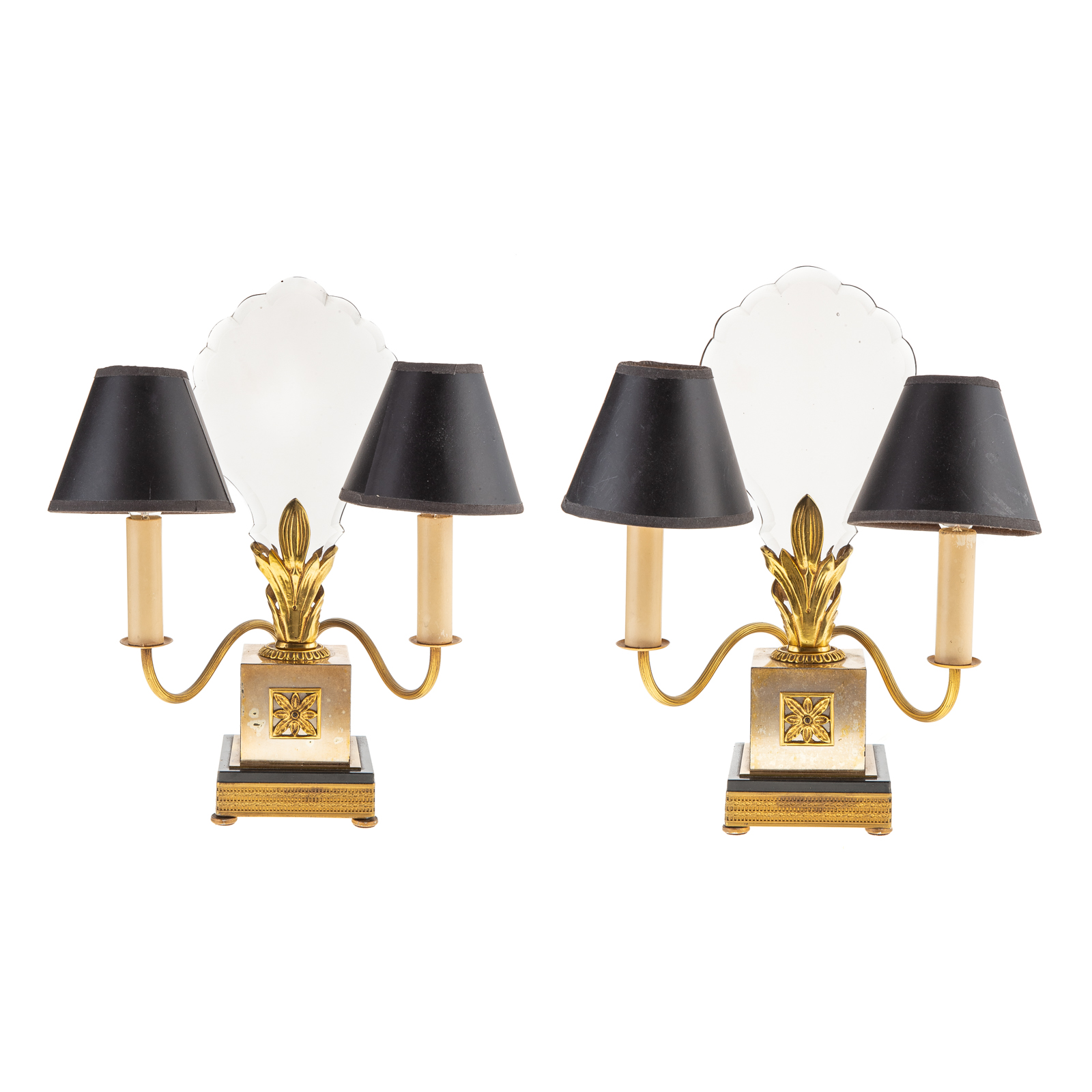 Appraisal: A PAIR OF BRASS GLASS BOUDOIR TWO LIGHT LAMPS Circa